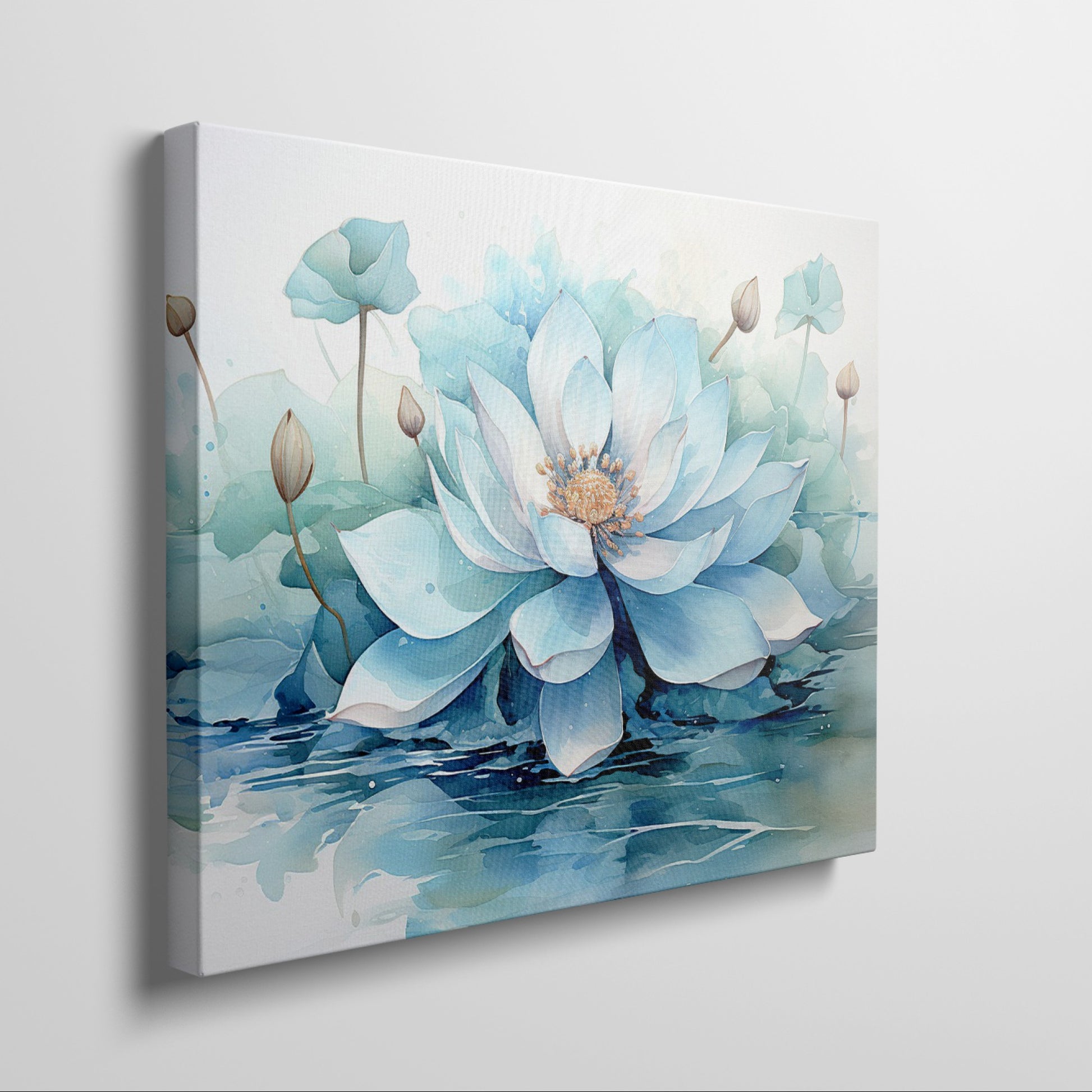 Framed canvas print of a serene watercolour lotus flower in delicate blues and whites