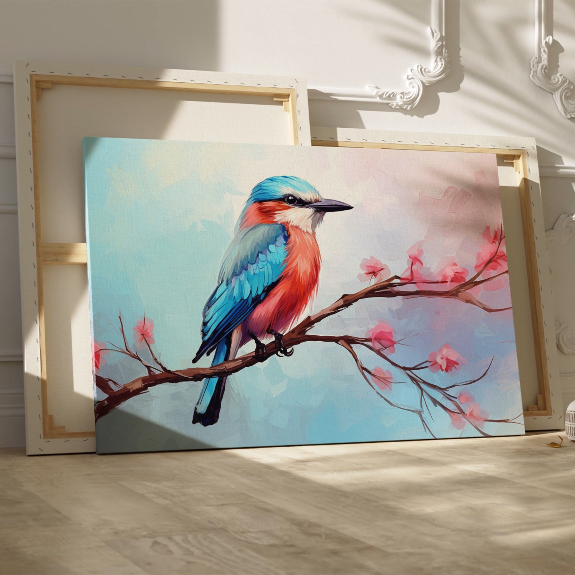 Framed canvas print of a colourful Kingfisher bird on a branch with pink cherry blossoms against a soft blue sky