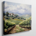 Framed canvas print of a lush Tuscan vineyard landscape with green vine rows and rustic farmhouse