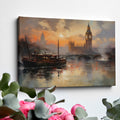 Framed canvas print of London's Big Ben and River Thames at sunset with warm orange hues