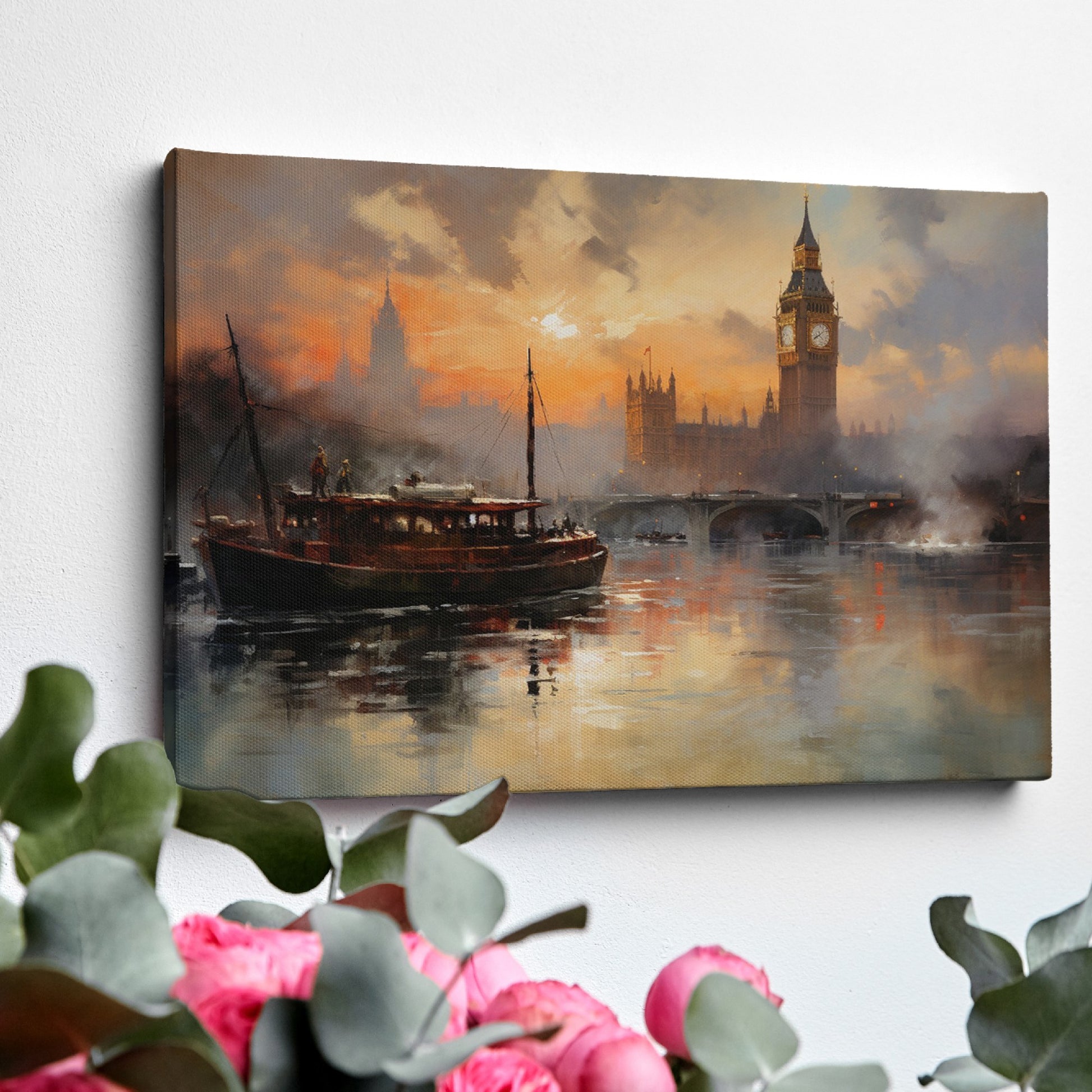 Framed canvas print of London's Big Ben and River Thames at sunset with warm orange hues