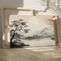 Framed canvas print of a monochrome Oriental ink wash landscape with misty mountains and a tree silhouette