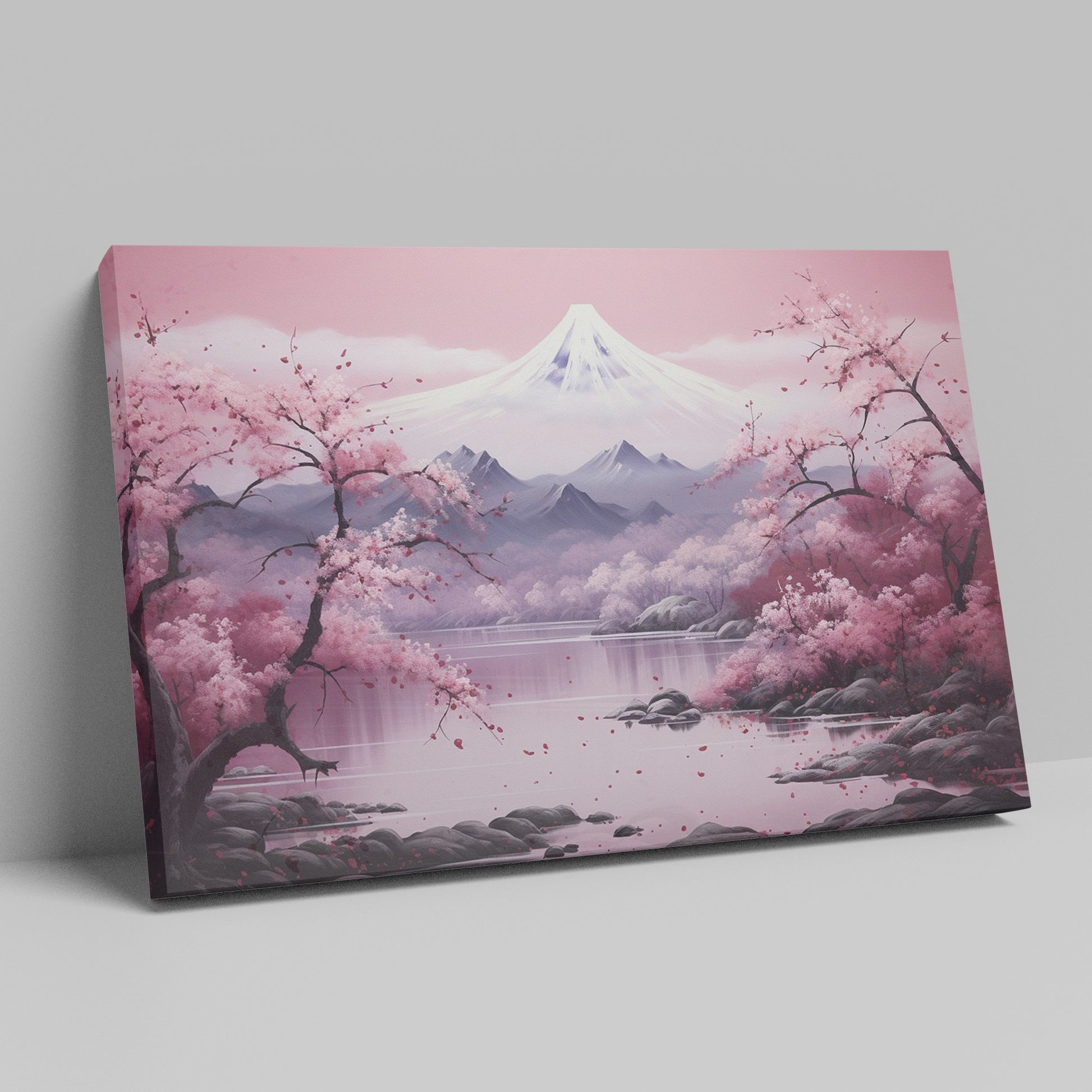 Framed canvas print of a serene pink cherry blossom scene with Mount Fuji in the background