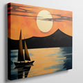 Geometric style painting of a sailboat at sunset with mountains and reflections in the water