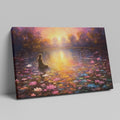 Framed canvas print of tranquil sunset over a lake with a thoughtful woman and colourful water lilies