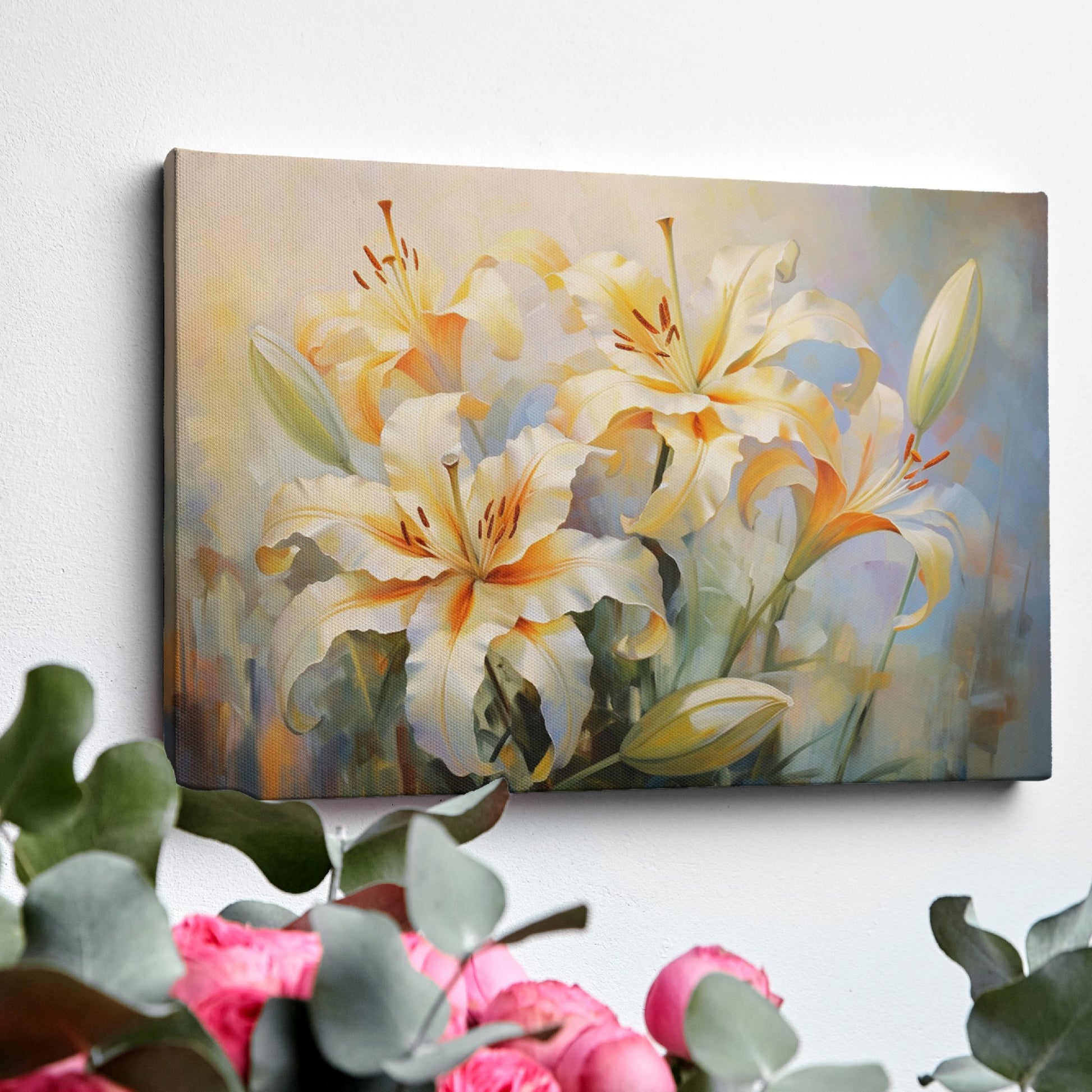 Framed canvas print of impressionist style lilies with soft pastel hues