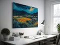 Framed canvas print of a moonlit countryside scene with vibrant fields and rustic homesteads