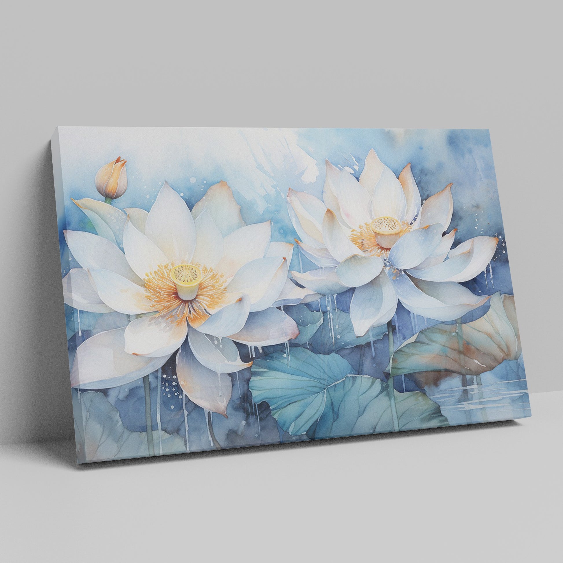 Framed canvas print of ethereal watercolor lotus flowers in tranquil blue hues