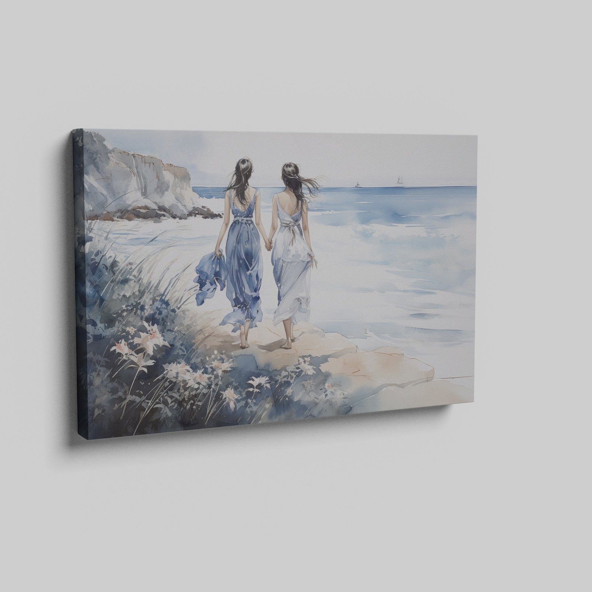 Watercolor painting of two women in blue and white dresses walking along a seaside cliff with a calm ocean backdrop