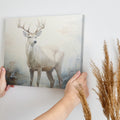 Framed canvas print of a majestic stag in a foggy autumn forest with neutral and warm tones