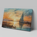 Framed canvas print of an impressionist painting depicting a sailboat at sunset with vibrant oranges and blues