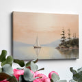 Peaceful landscape painting of a sailboat on a mirror-like lake with orange sky and pine trees