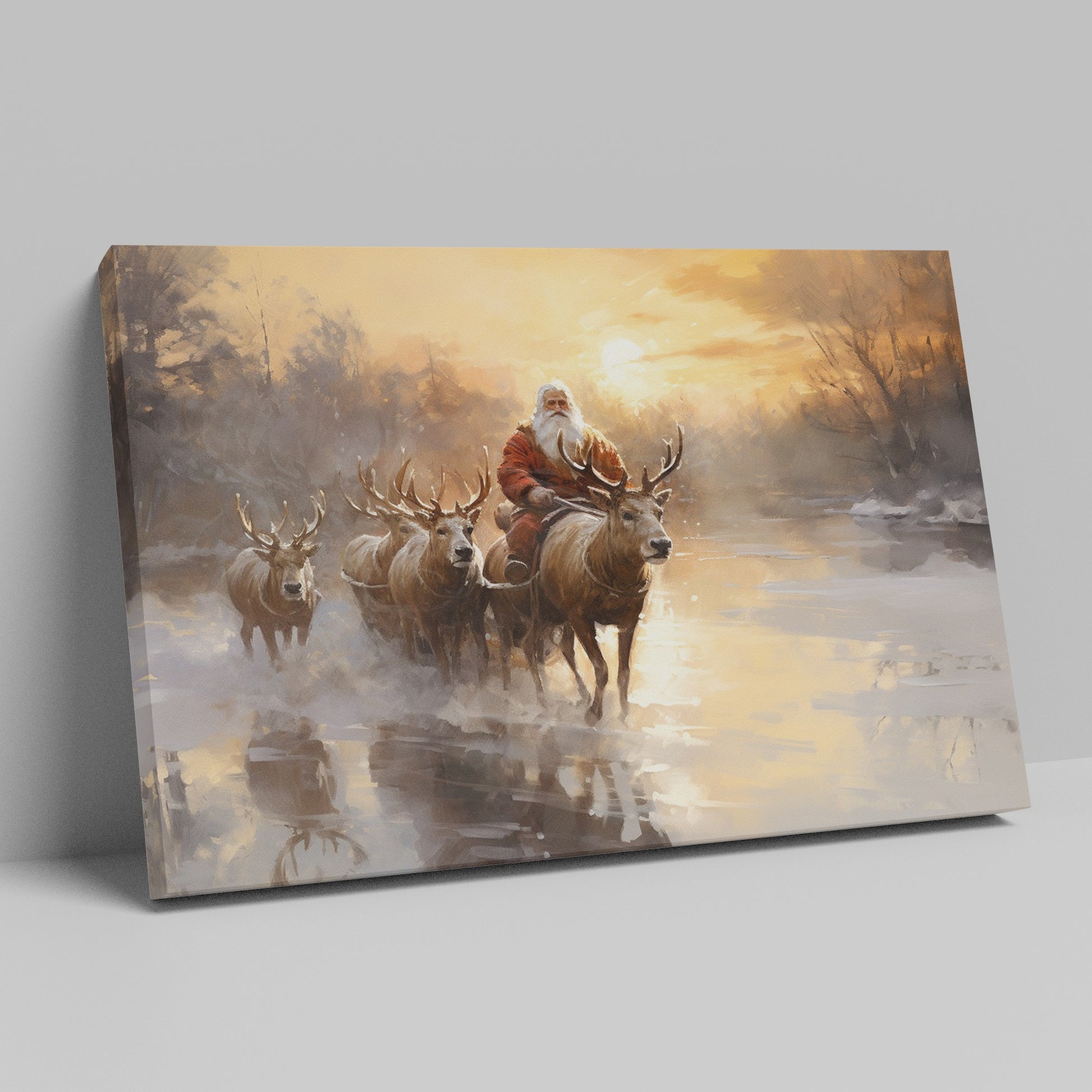 Framed canvas print of Santa Claus with reindeer in a winter sunset landscape