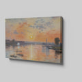 Framed canvas print of impressionist river landscape at sunset with vibrant orange and blue hues