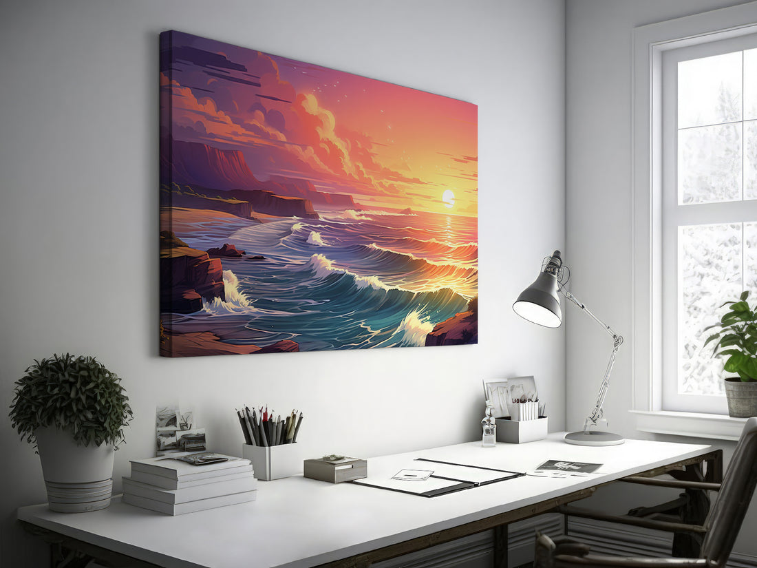 Framed canvas print of a vibrant sunset seascape with calm ocean waves and a pastel sky