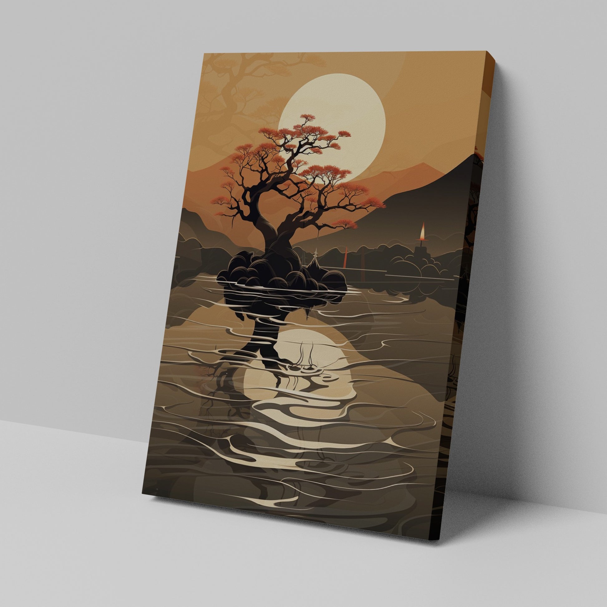 Framed canvas print of an Asian-inspired serene bonsai tree silhouette with sunset and mountain