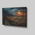 Framed canvas print of a dramatic sunset over a rustic meadow with vivid warm tones