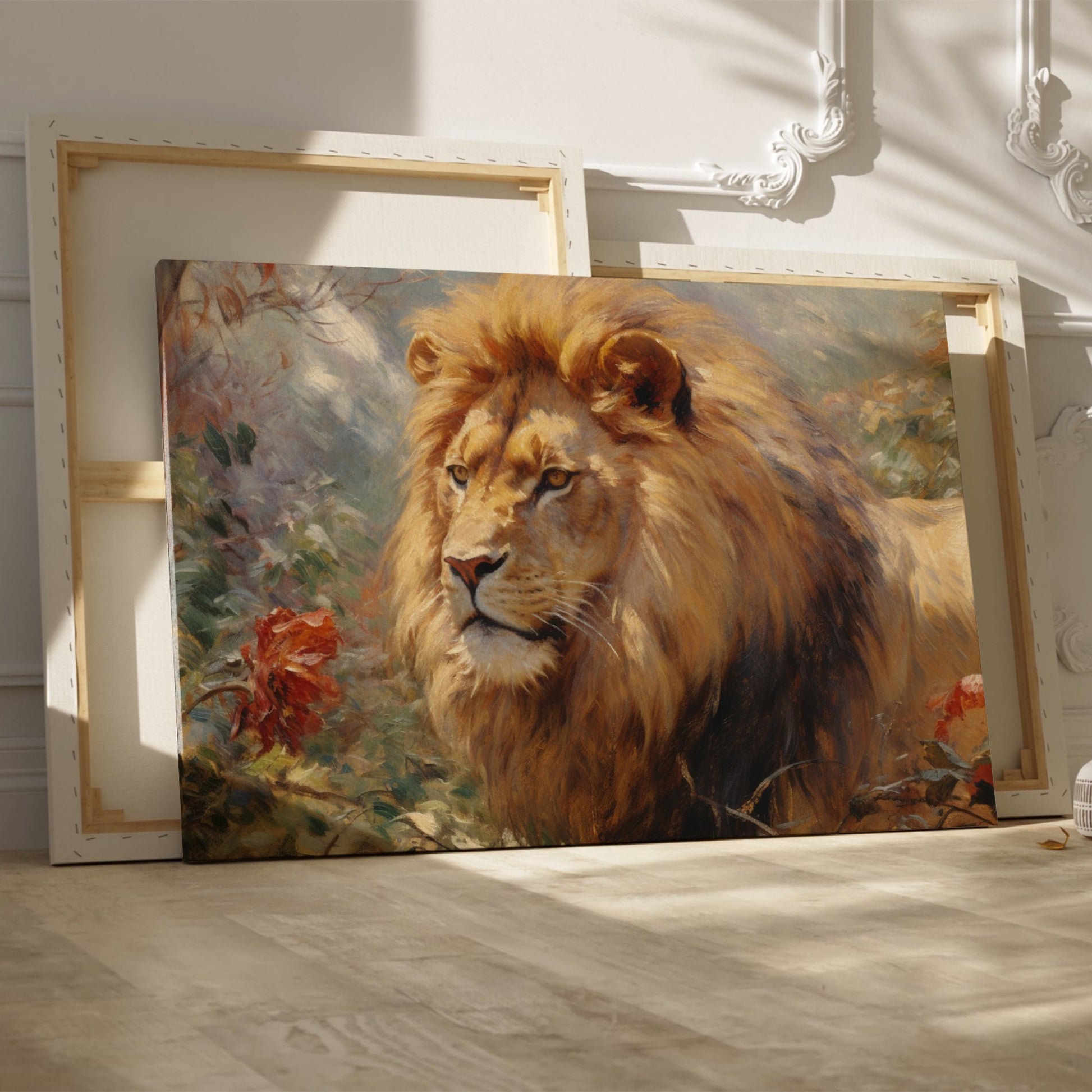 Framed canvas print of a realistic lion showcasing golden and warm earth tones, with detailed brushwork and a serene expression.