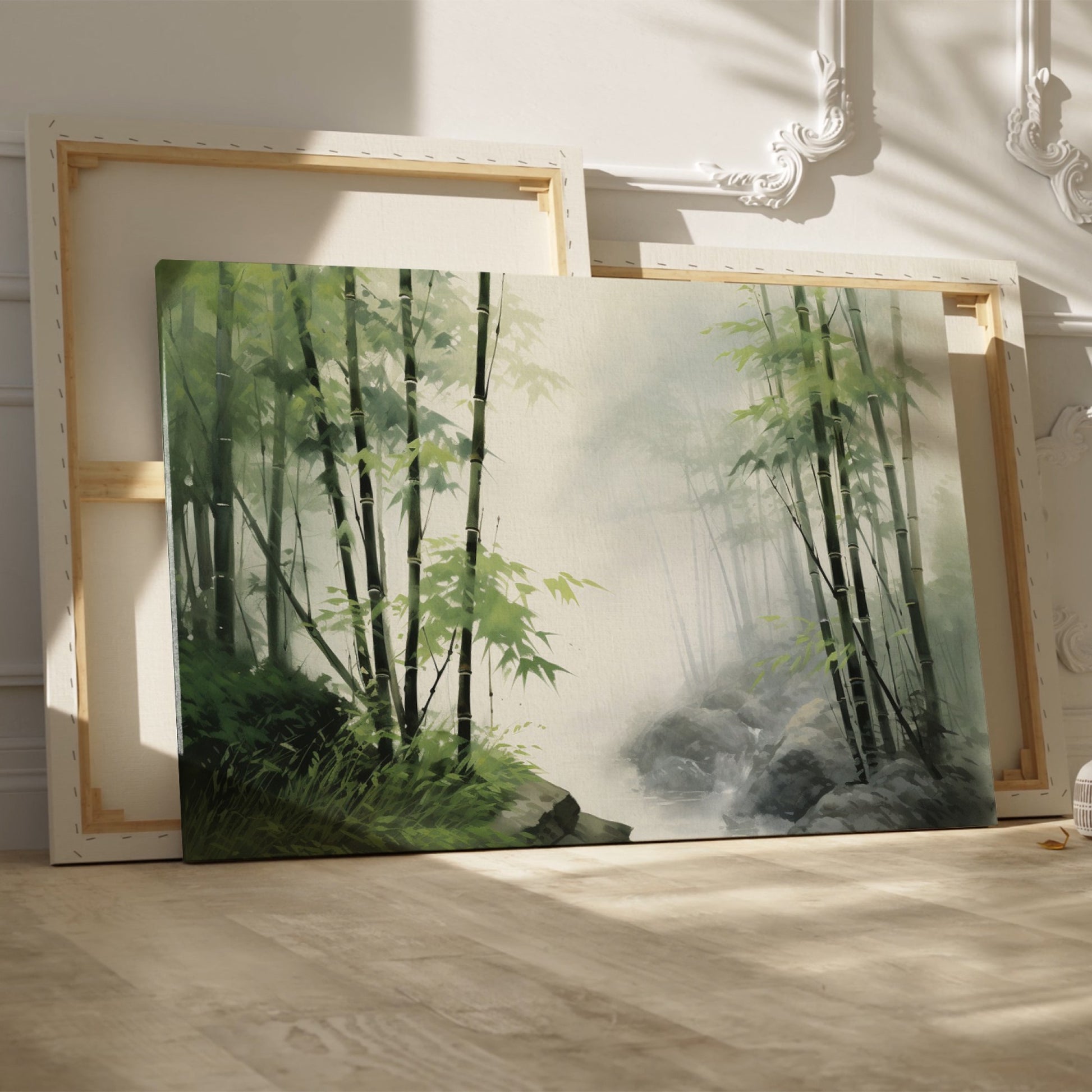 Framed canvas print of a misty bamboo forest in watercolour style with green and grey hues