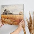 Framed canvas print of an old barn in a golden autumn rural landscape