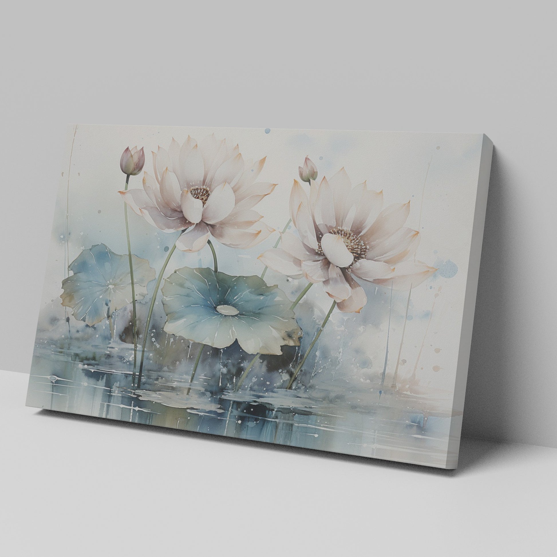 Framed canvas print of watercolour lotus flowers with pastel pink and blue tones