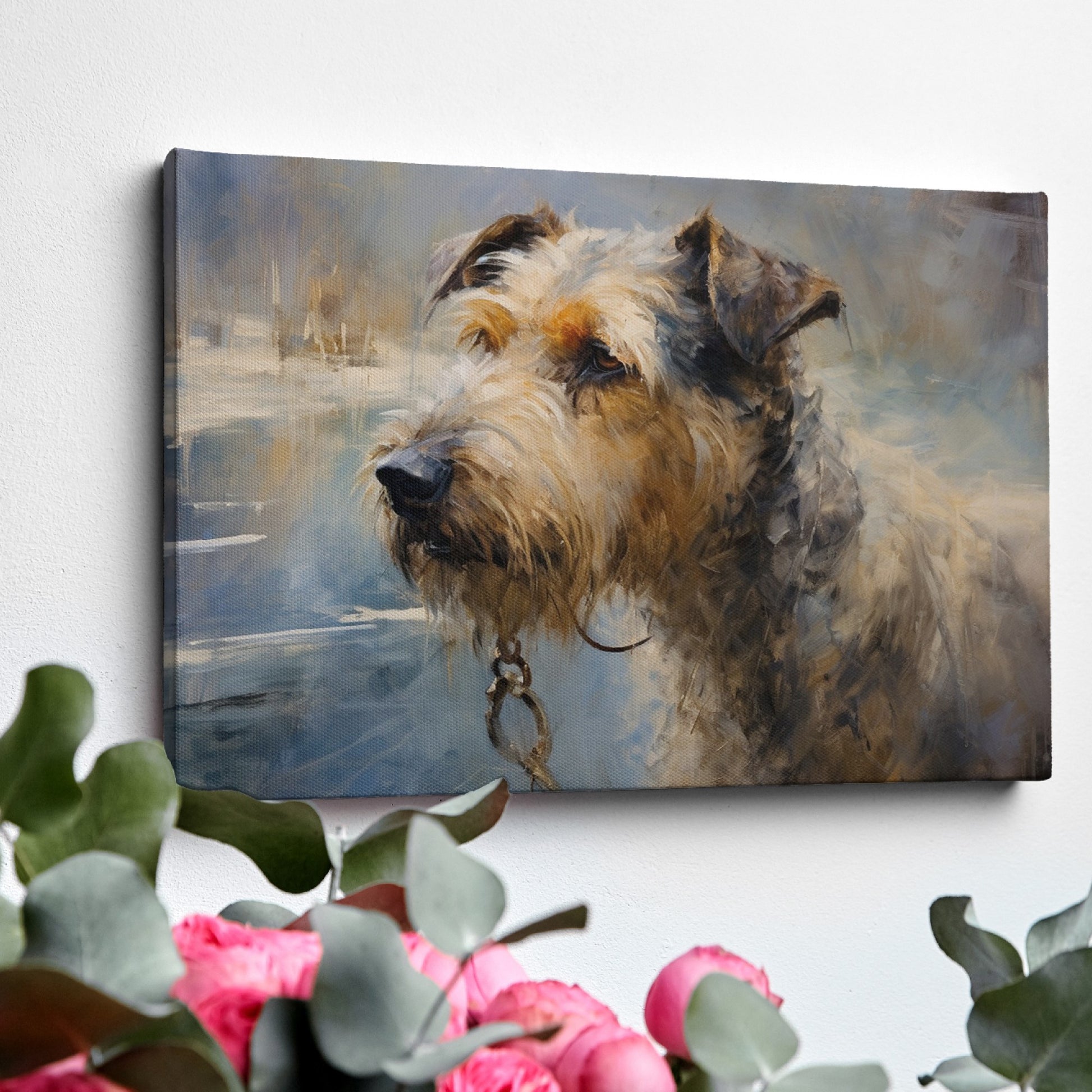 Framed canvas print of an impressionistic painting depicting a detailed and textured dog portrait with warm tones