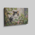 Framed canvas print of impressionist painting featuring a cat with roses and green leaves