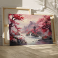 Framed canvas print of a serene oriental landscape with cherry blossoms and a pagoda