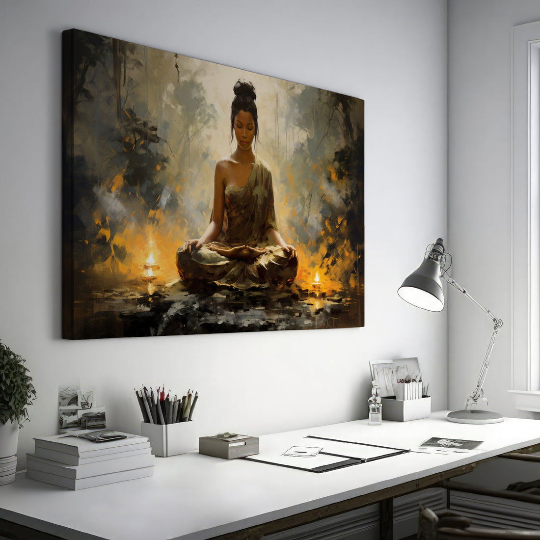 Framed canvas print of serene woman in meditation with warm, golden hues