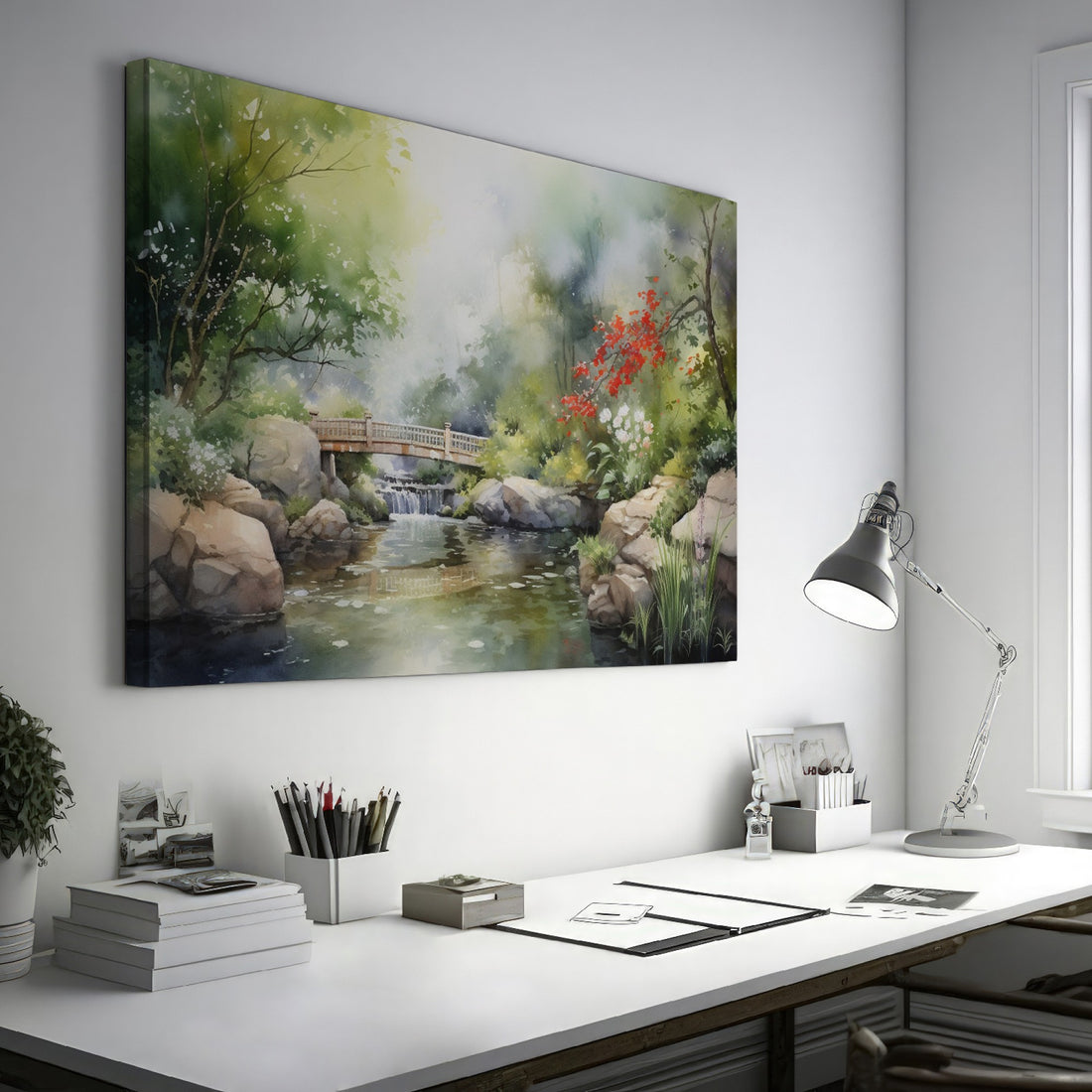 Framed canvas print of a serene Japanese garden with a bridge, waterfall, and flowers