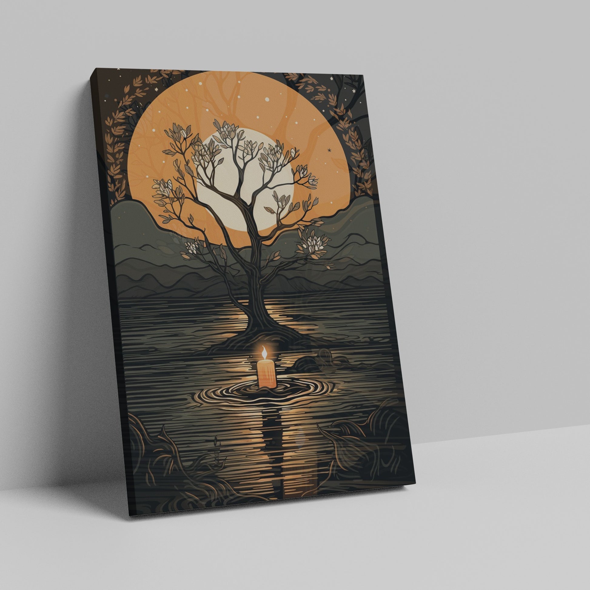 Stylized artwork of a tree against a large orange moon with a candle reflected on water