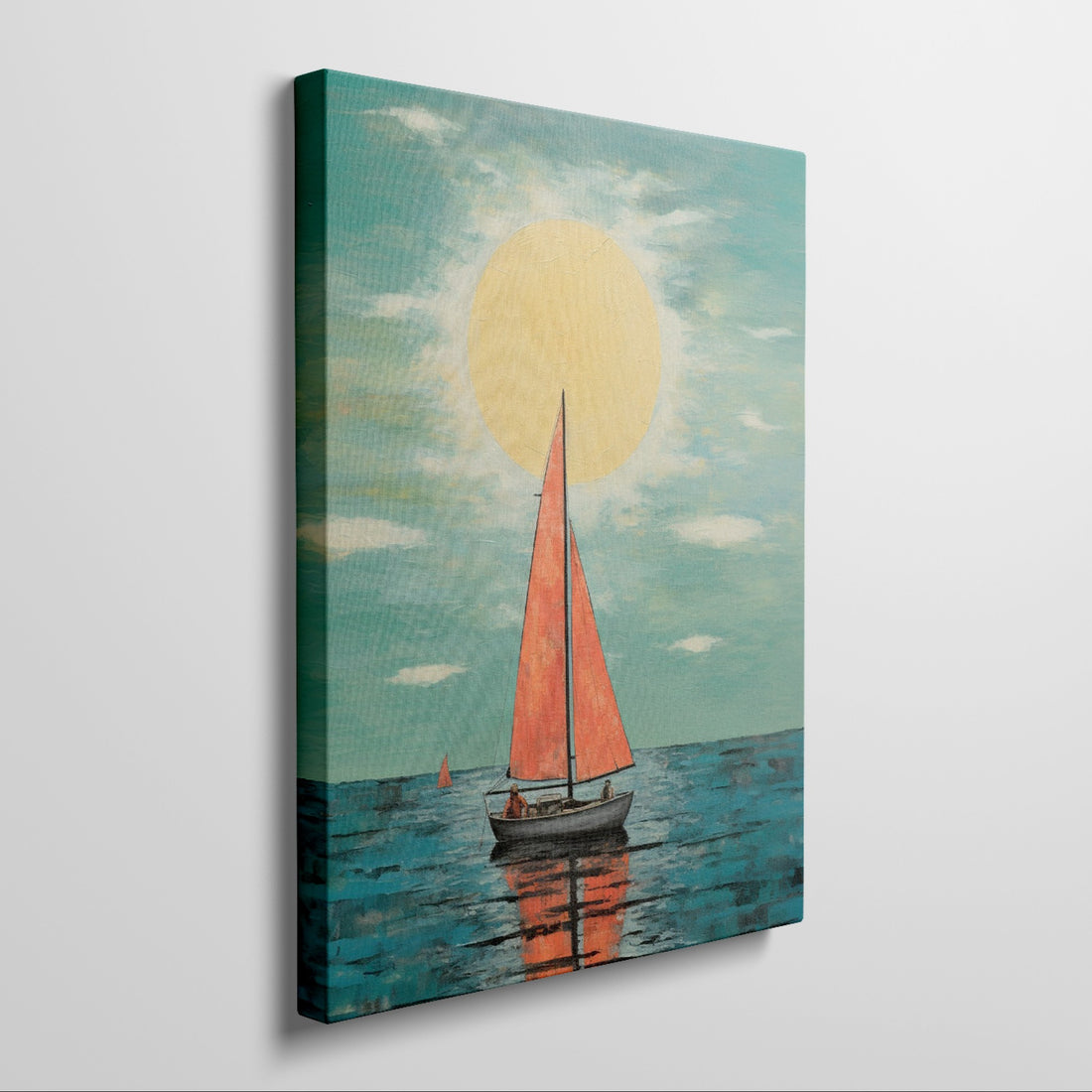 Framed canvas print of a sailboat with vibrant orange sails against a blue ocean and yellow sunset