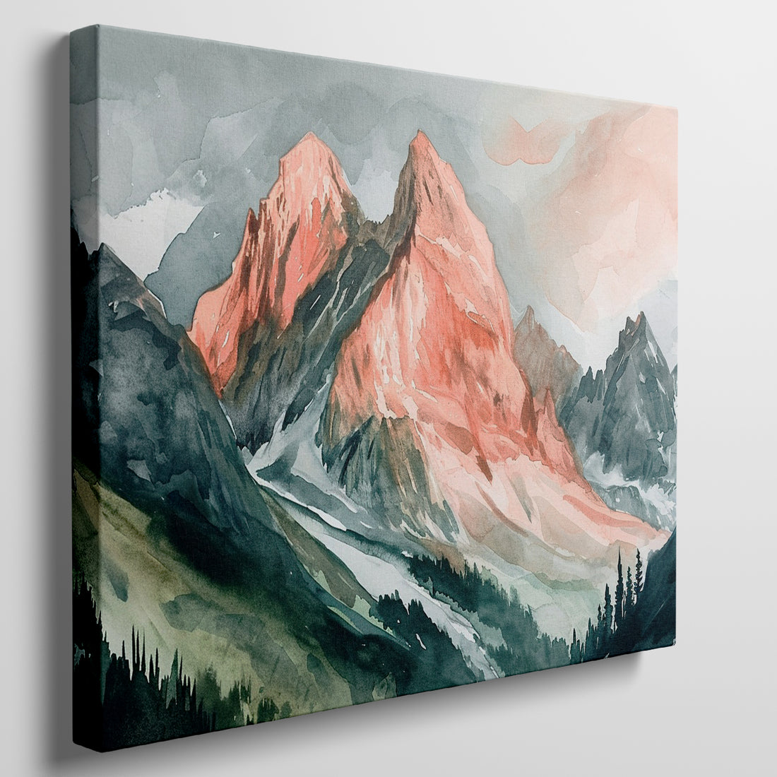 Framed canvas print of a watercolour mountain landscape with sunset hues