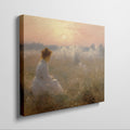 Framed canvas print of a woman in a white dress gazing at a misty sunrise over a golden field