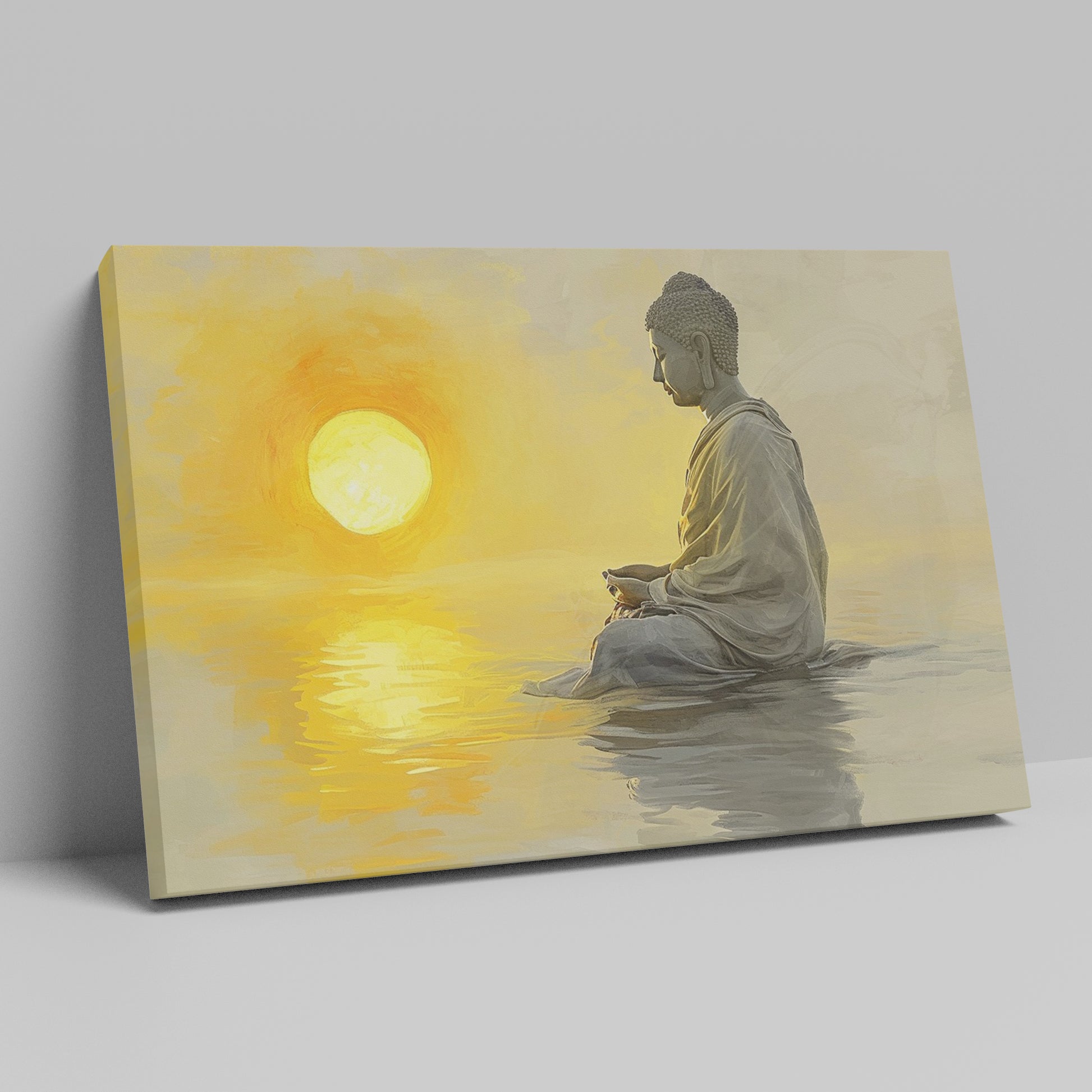 Framed canvas print of a meditative figure with the sun setting over water, reflecting golden tones