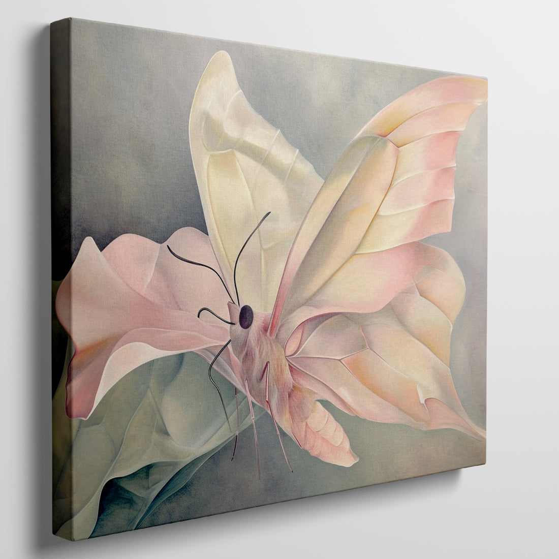 Pastel colours illustrated butterfly with pale yellow and pink hues on a faded background