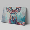 Framed canvas print of a colourful abstract stag with vivid brushstrokes