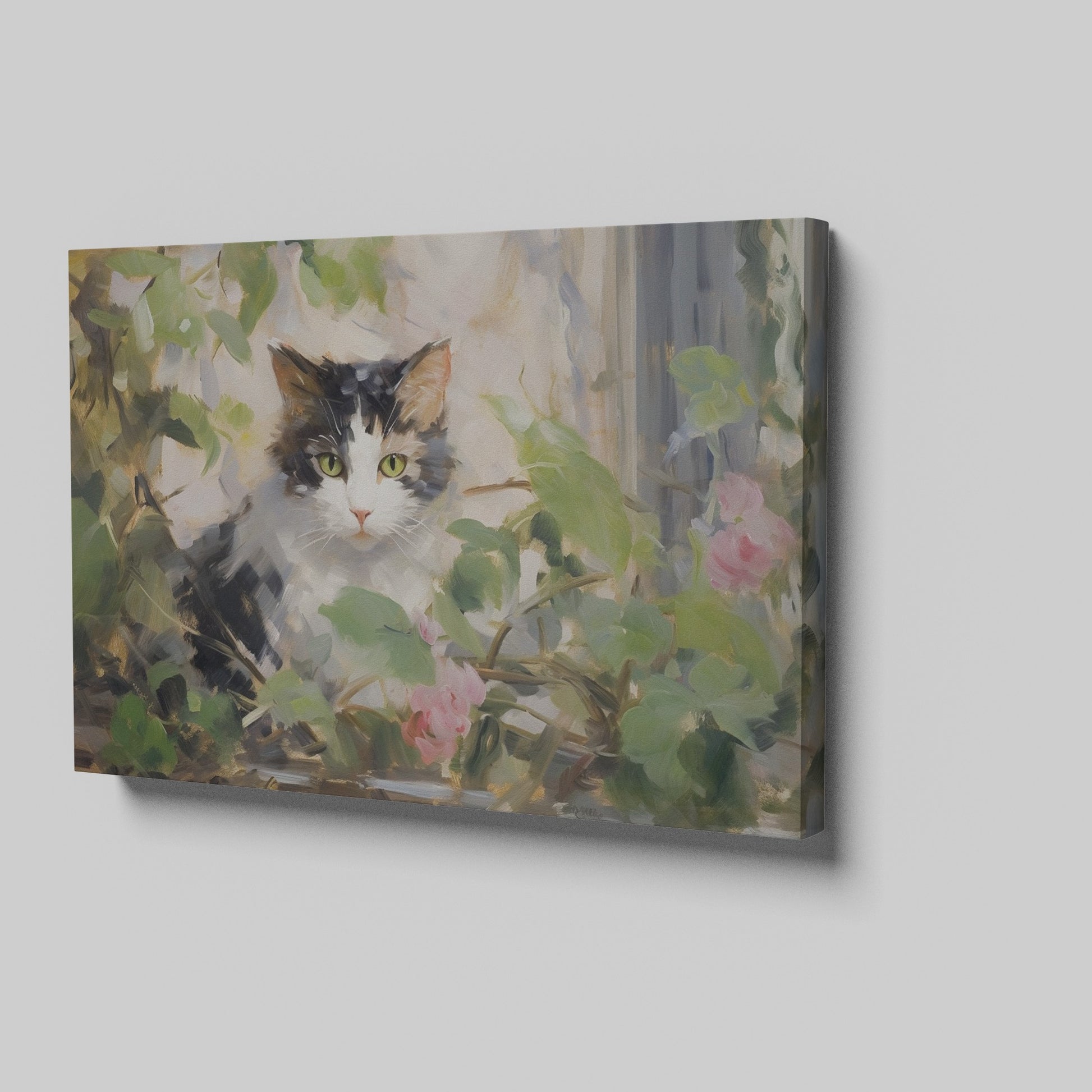 Framed canvas print of impressionist painting featuring a cat with roses and green leaves