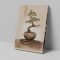 Illustrated bonsai tree with green foliage in a brown bowl on a beige background