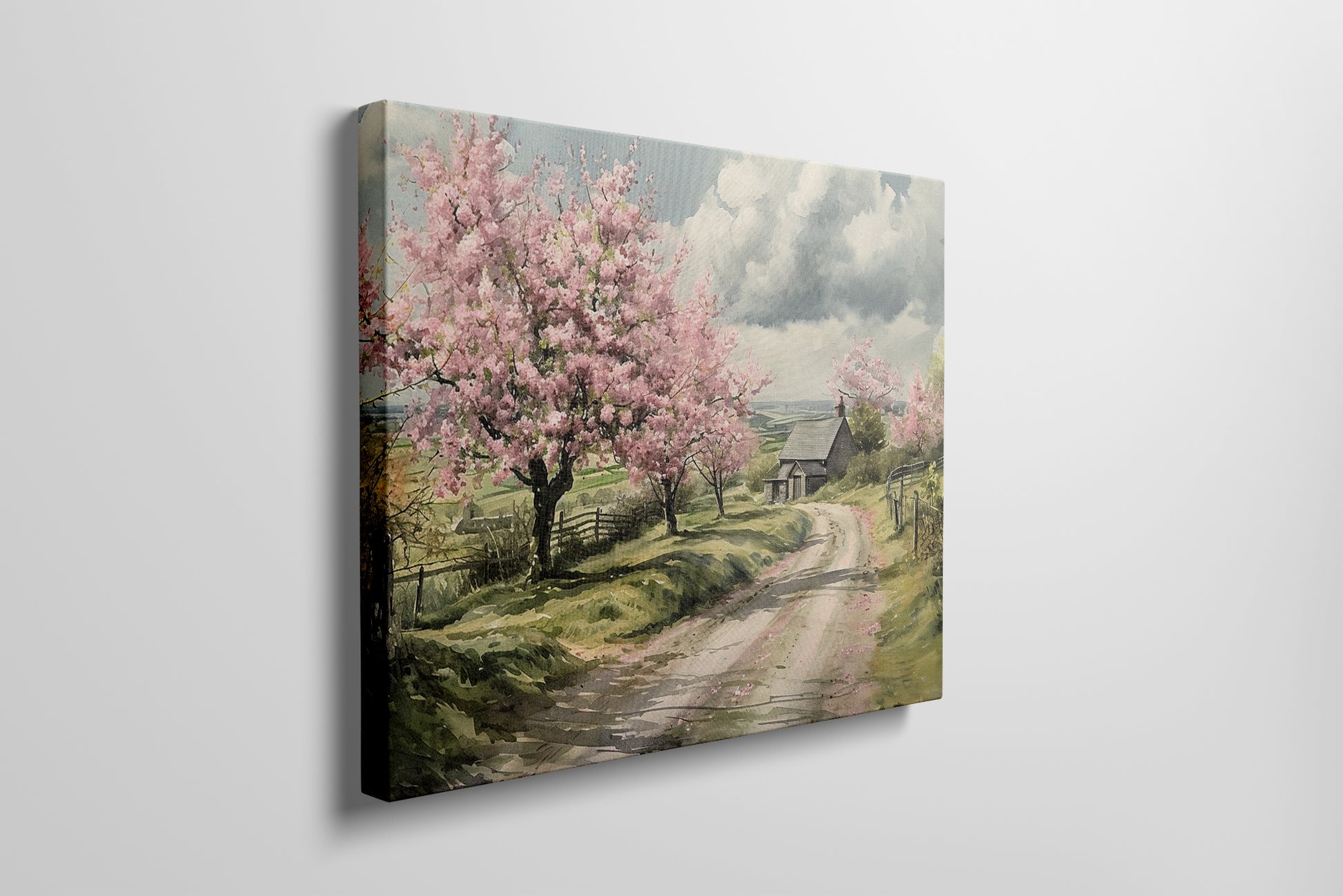 Framed canvas print of a picturesque countryside with cherry blossoms and a farmhouse