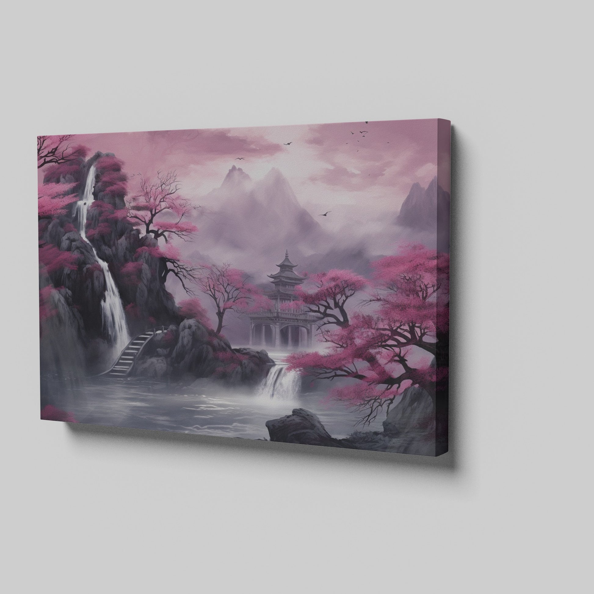 Framed canvas print of a misty oriental landscape with cherry blossoms and pagoda