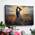 Framed canvas print of a couple embracing in a field at sunset with vibrant colours