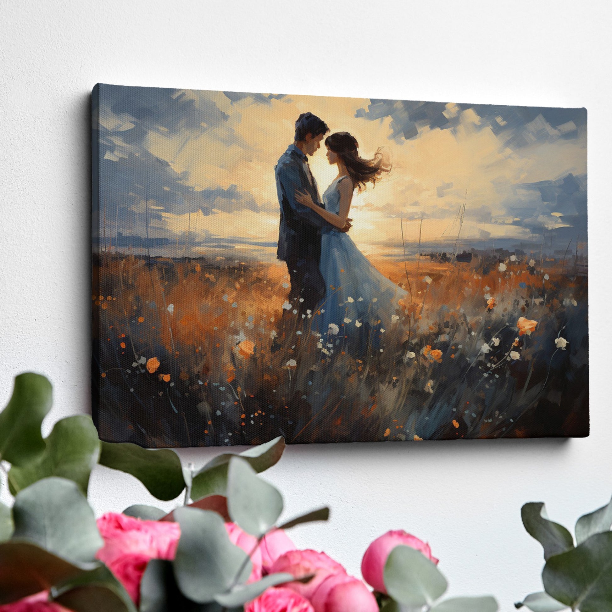 Framed canvas print of a couple embracing in a field at sunset with vibrant colours