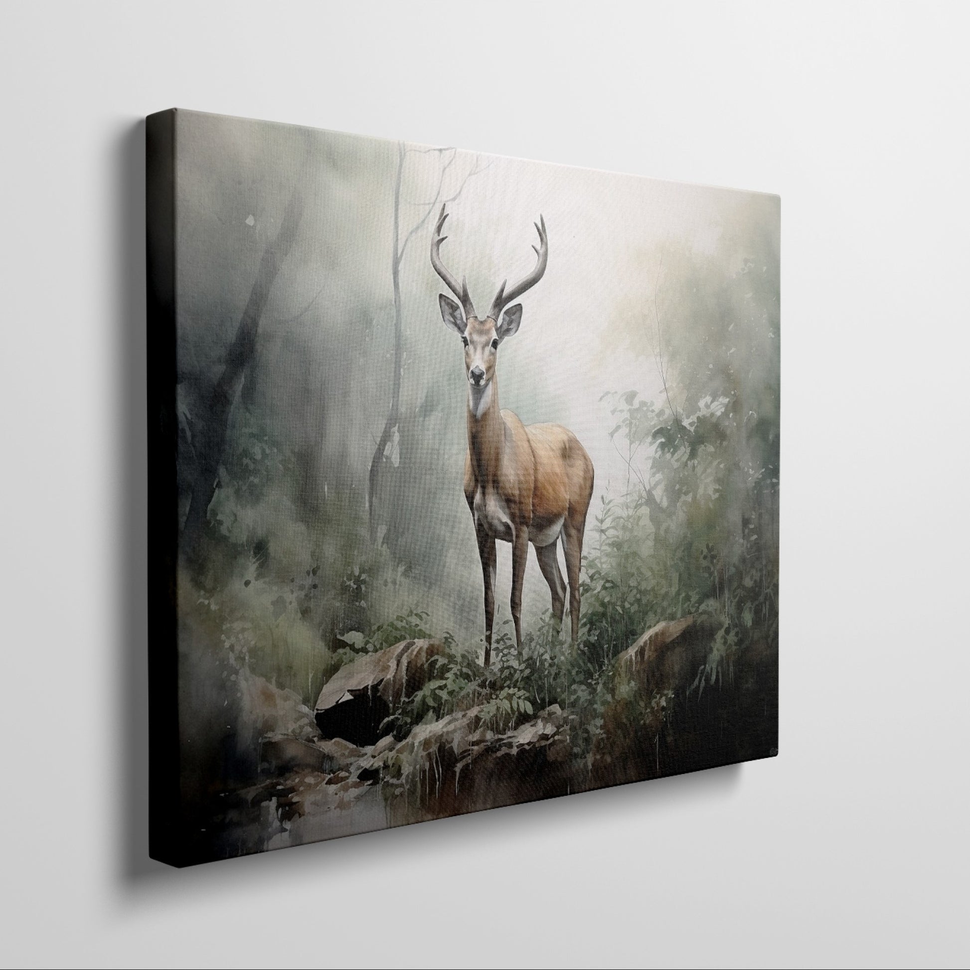 Framed canvas print of a majestic stag in a misty, ethereal forest with earthy tones