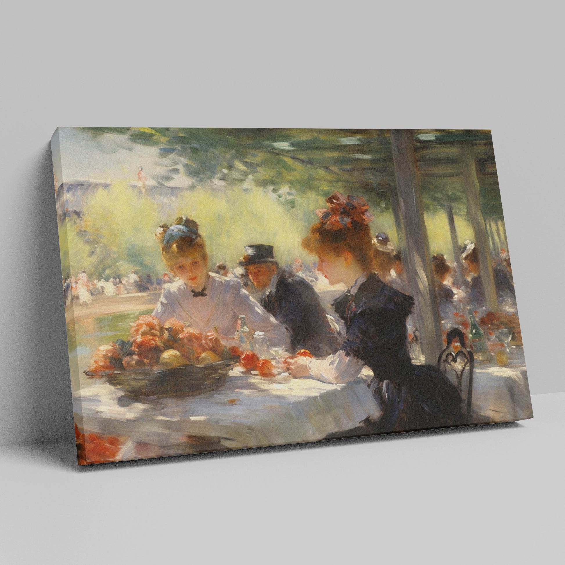 Framed canvas print of a 19th-century Impressionist dining scene with figures in elegant attire.