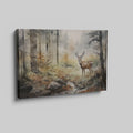 Framed canvas print of a majestic stag in a misty woodland with autumn colours