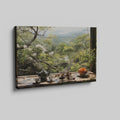 Framed canvas print of a serene Japanese tea garden view with cherry blossoms and mountains