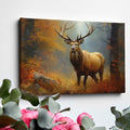 Framed canvas print of a majestic stag standing in an autumn forest with vibrant foliage