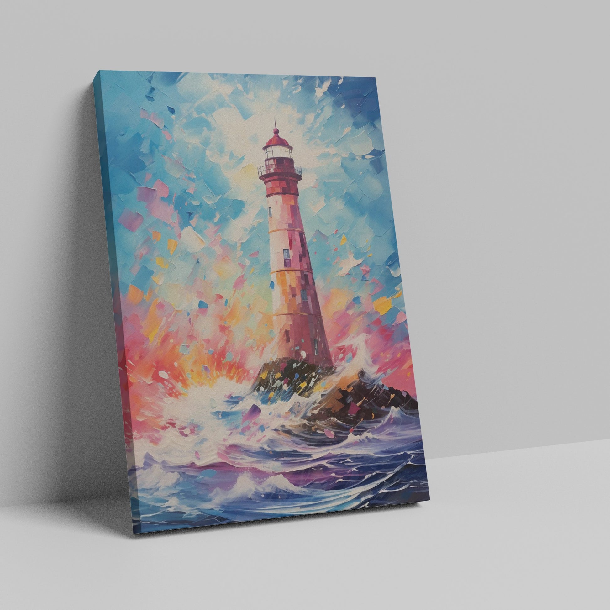 Framed canvas print of an abstract lighthouse and seascape with bold, vibrant colours