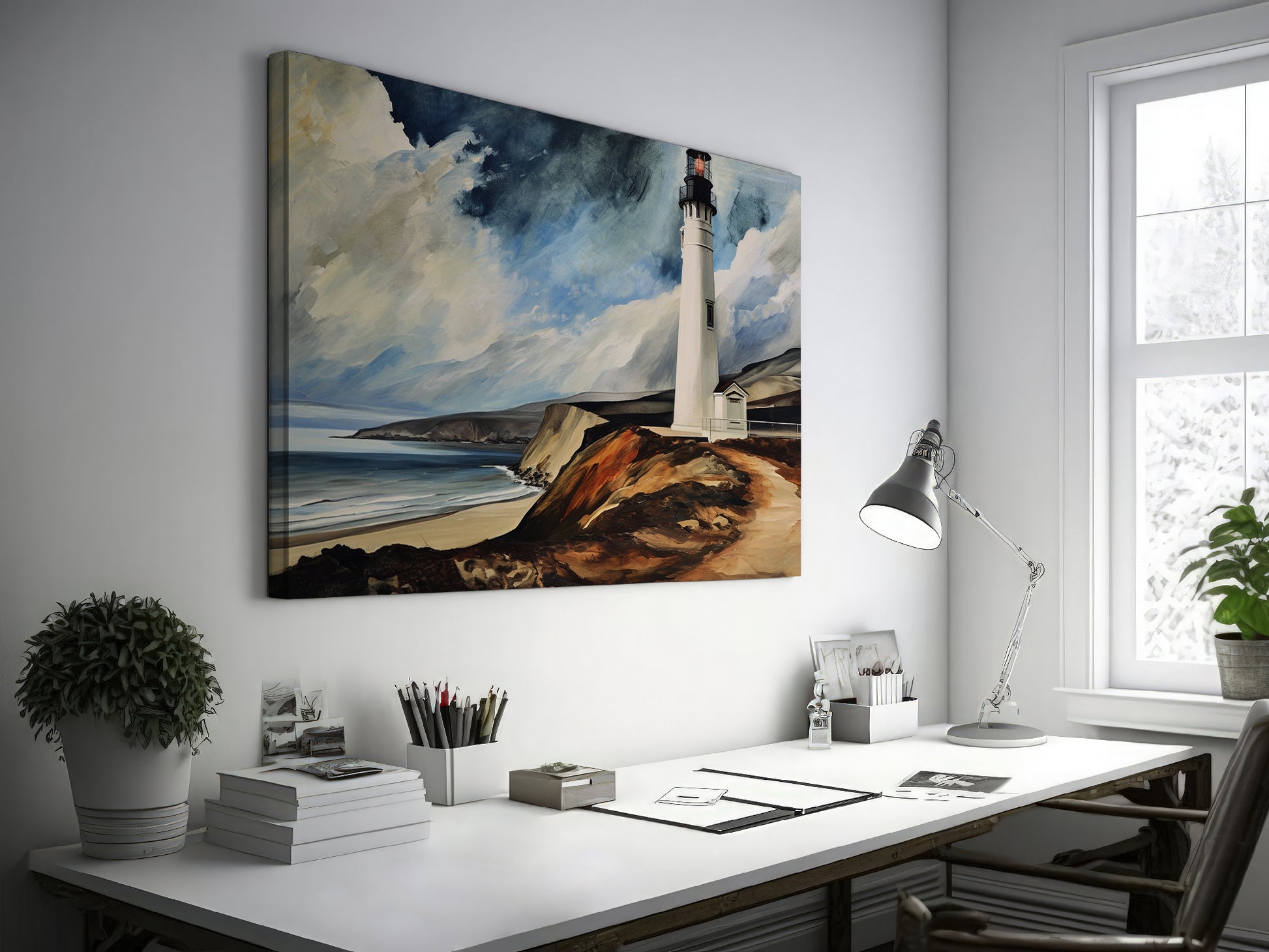 Framed canvas print of a lighthouse by the ocean with dramatic clouds and coastal cliffs